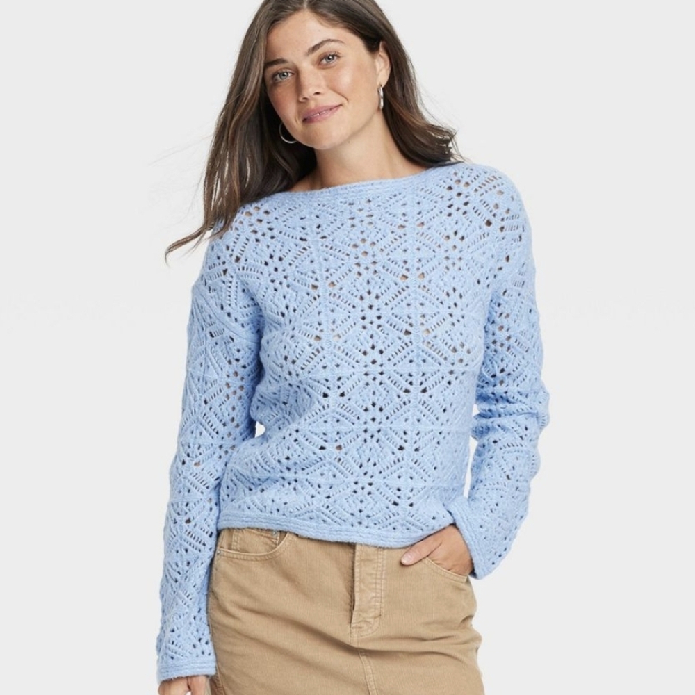 Universal Thread Light Blue Crochet Crewneck Sweater
